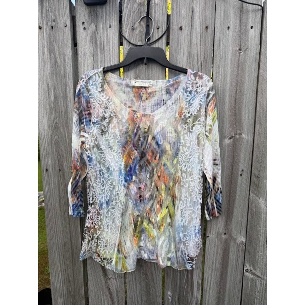Impulse California Abstract Print Lace Overlay 3/4 Sleeve Top Multi Color M